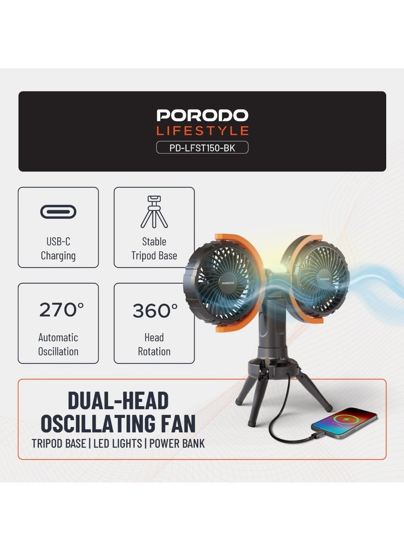 porodo Dual Head Oscillating Fan With Tripod Base / 2-Level LED Lights / 8000mAh Power Bank / 15W Fan Power / USB-C Charging Port Lightweight / Compact Design / 360° Multifunctional Adjustable Fan- Black - Image 2